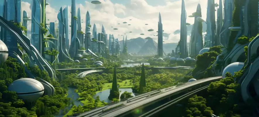 Wie eine künstliche Intelligenz sich eine futuristische, grüne Stadt vorstellt. Eine typische, utopische Zukunftsvision von zukünftigen Städten.