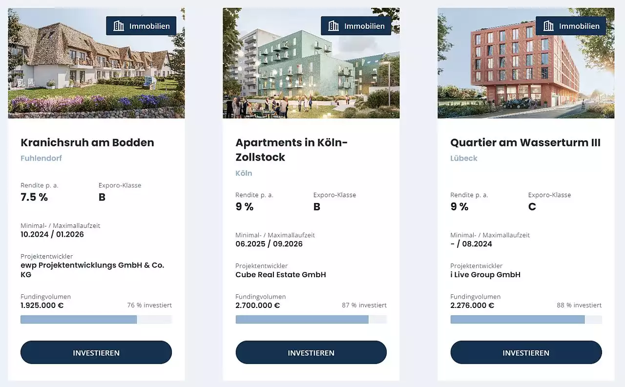 Beispiel: So werden die Immobilienprojekte auf der Plattform Exporo vorgestellt.