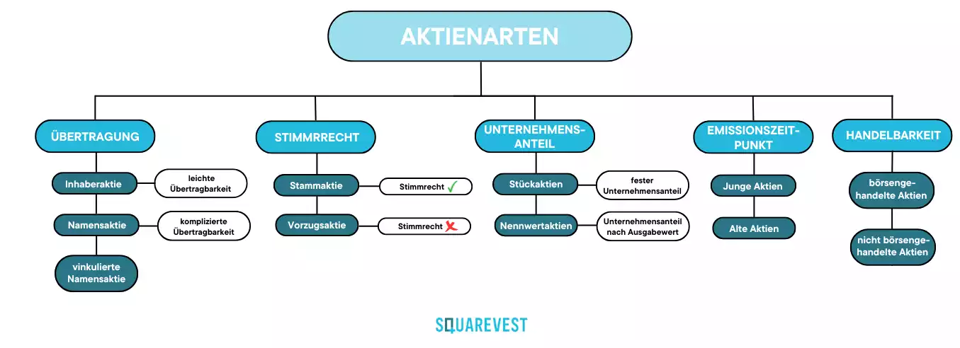 Übersicht von allen Aktienarten und die Aufteilung nach den verschiedenen Unterteilungsgründen.