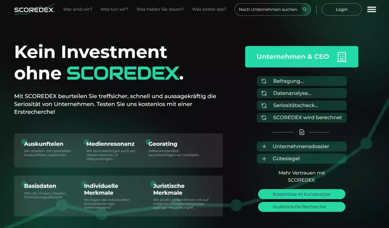 Über die Website von SCOREDEX können sich Nutzer direkt über Unternehmen informieren oder einen Rechercheauftrag erteilen. 