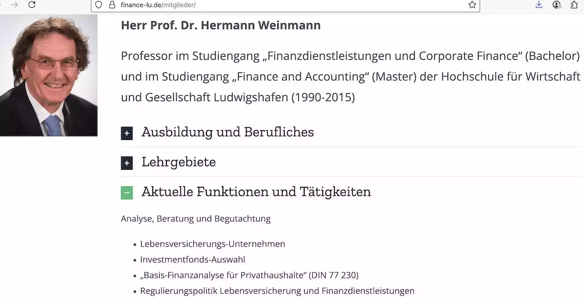Prof. Dr. Hermann Weinmann, Mitglied des Instituts für Finanzwirtschaft der Hochschule für Wirtschaft und Gesellschaft Ludwigshafen am Rhein © Ausriss aus Finance-Lu.de